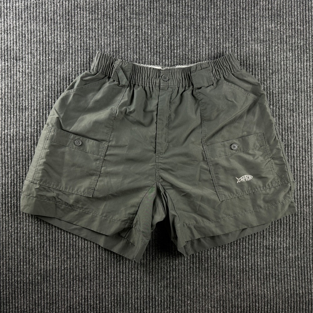 AFTCO Mens Fishing Shorts Olive Green Nylon Elastic Waist Cargo Pockets Size 34
